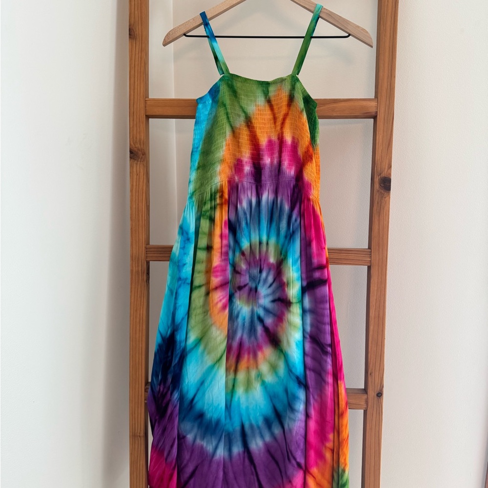 Tie-Dye Midi Sundress with Spaghetti Straps — Vibrant Multi Color